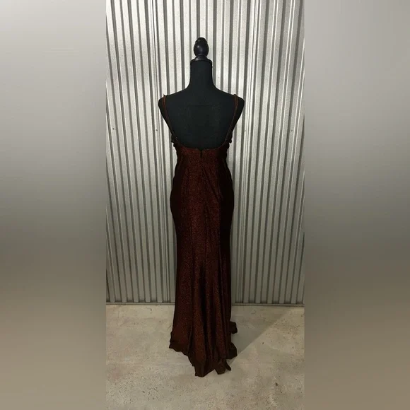 Women’s Jules & Cleo Design Nylon Metallic Spandex Orange Formal Maxi Slit Dress - Picture 2 of 9